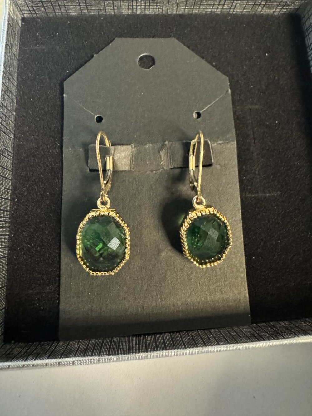 14k Gold Filled Lever Back Drop Earrings Faceted Deep Green Cushion-Cut Stones